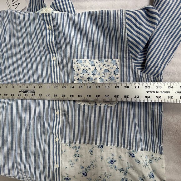 Laura Ashley X Lucky Brand Striped Floral Patchwork Button-Up Shirt Large Blue - Picture 7 of 8